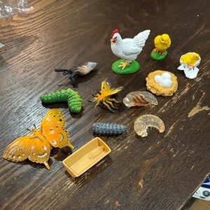 Farm & Insect Life Cycle Figurine Lot - Chicken, Chick, Butterfly, Caterpillars